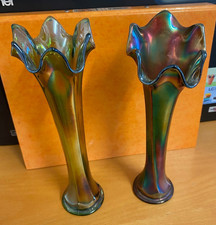 Two Vintage Carnival Glass Vases - 10 inches Tall