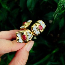 Y·YING Cultured White Pearl Red Agate Rings Jewelry Adjustable Female Rings