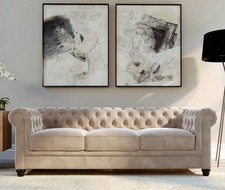 Chesterfield Design Sofa 3 Seater Upholstered Velvet Fabric Beige Classic Couch