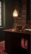 Antique Edwardian Bronze Desk Lamp Flame Glass Shade Art Nouveau Lighting c1905