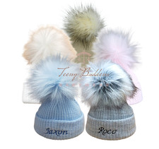 Baby newborn hat bobble pom pom embroidered personalised boys girls