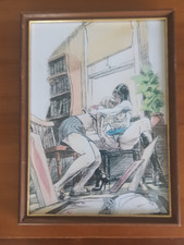 Erotic Lesbian pencil  Art  framed drawing Print 1950s