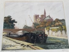 Old True Print Of Notre Dame Paris France Canal Boats