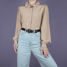 VINTAGE 80s 90s Beige Frill Ruffle cottagecore Womens Blouse Shirt Top Small 10