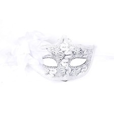 White Deluxe Fancy Dress Masquerade Lace Mask with Sequins & Flowers - Aletta