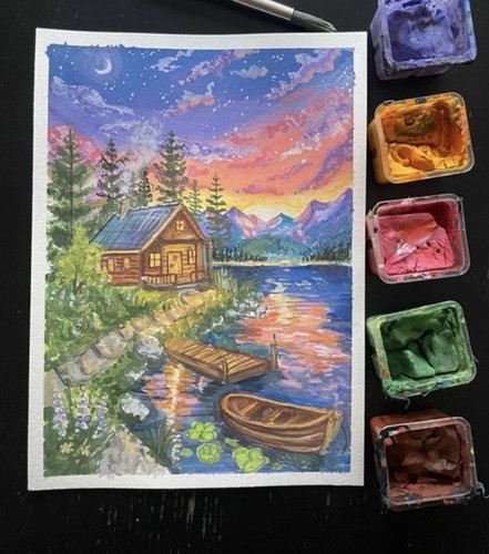 Hand painted gouache painting - painted,