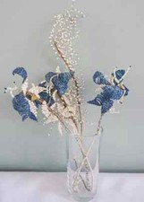 VIntage Beadwork Flowers Stems Strays Blue Glass Mother of Pearl Beads Wire x 3