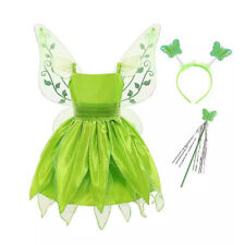 Kids Girl Tinkerbell Green Fairy Pixie Dress Princess Halloween Costume or +wing