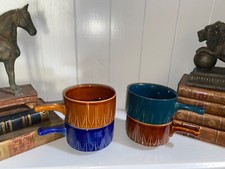 Set 4 Vintage Soup Bowls w Handles Brown Blue Teal Retro Tams Glazed Dish 1970s