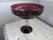 Mid Century Italian Art Glass Amethyst purple Empoli Clear Stem Footed Bowl Dish