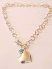Van Peterson Heart & Turquoise Pendant Hammered Round Link T-bar Chain Necklace
