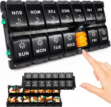 XL 7-Day Pill Organizer | Large Weekly Pill Box, AM/PM, Push Button