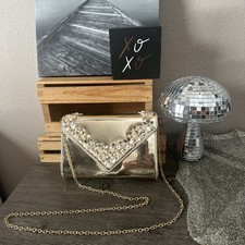 Lulu Townsend Gold Mirror Faux Leather Floral Studded Crossbody Clutch EUC