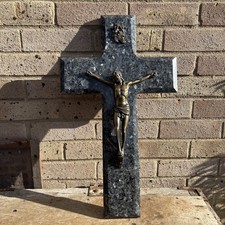 Antique Grave Marker Crucifix Granite Large Beautiful Very Rare Brass Jesus