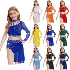 UK Girls Ballet Lyrical Dance Outfits One Shoulder Crop Top with Skirt Dancewear