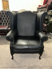 Black Real Leather Queen Anne Wingback Chair