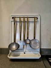 Vintage French Enamel Kitchen Rack Utensil Holder With Drip Tray & 5 Utensils