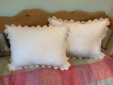 2 oblong cushion covers in Peony & Sage Gozo faded blue fabric + ivory fan trim