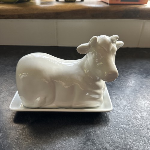 White ceramic cow butter dish - butter,