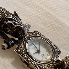 Vintage Sterling Silver Women’s Watch Jaguar Red Eyes Marcasite Stones