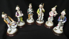 Ceramic Clowns Figurines Bundle Set x6 Ornaments + Wood Bases Concertina Violin
