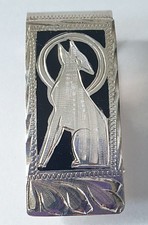 Signed "Alpaca Mexico" Silver Ornate Hinged Wolf Money Clip Black Enamel Inlay
