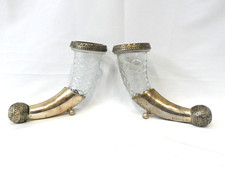 Vintage Glass & Silver Toned Cornucopia Style Horn of Plenty Vases + Stands(Mar)