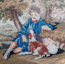ANTIQUE NEEDLEWORK TAPESTRY of SMALL BOY with PET DOGS FRAMED ~ 19th CENTURY