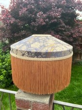 Stunning Vintage Rare Tiffany Style Fabric Light Shade Fringe Blue Gold Lamp