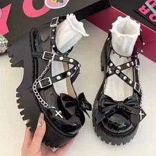 Black Gothic Platform Mary Jane Shoes Kawaii Punk Cross Bow Cosplay Harajuku