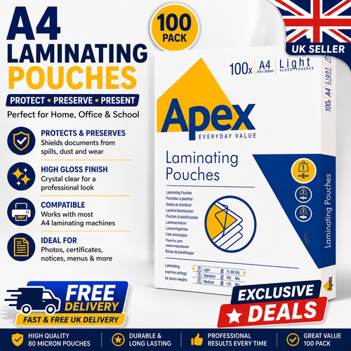 Laminating pouches 100 pack - a4,