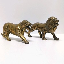 Vtg Brass Lion Tiger Pair Statue Bookends Safari Mid-Century Hand-Finished