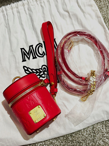 Mcm red leather mini cylinder - mini,