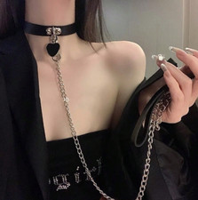 2pcs PU Leather Collar Choker and Chain Lead with Black Heart Pendant Black