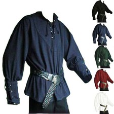 Men Viking Pirate Clothes Shirts Medieval Renaissance Long Sleeve V-Neck T-Shirt