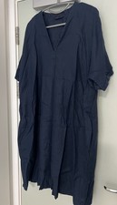 M&S Marks Spencer Short Sleeve Linen Dress Size 18 Navy Blue Pockets Vneck