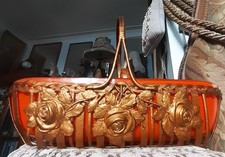 Vintage Art Deco Orange Glass Gild Metal Fruit Basket Potpourri Bowl