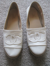 DESIGNER INSPIRED LEATHER ESPADILLE SLIP-ON FLATS COCO MARK IVORY EU 40 UK 6.5