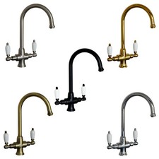 Traditional Kitchen Sink Mixer Tap Twin Ceramic Levers Dual Flow Swivel Spout