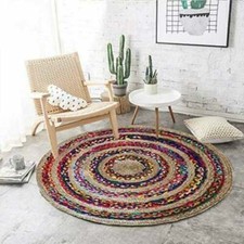 Rug Round Vintage Reversible Rag Rug Jute Cotton Bohemian Area Dhurrie Boho Mat