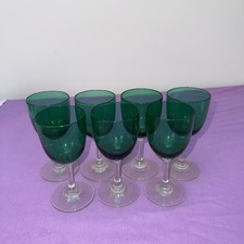Set of 7 Green Clear Stemmed Wine Glasses.    (B11)