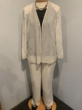 R & M Richards Womens 2 Pc Cream Beaded Sheer Jacket Lined Pants Evening Set 12