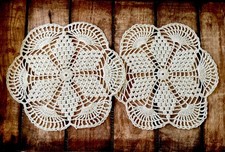 2 x Vintage hand crocheted beige cotton gold thread Christmas doilies, unused