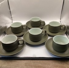 Denby Chevron Olive Green Set Of 6 X Cups & Saucers - 3 Band