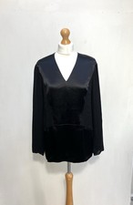 Nicole Farhi Blouse Top Size UK 10 Black 100% Silk Satin Shirt Tuxedo Christmas