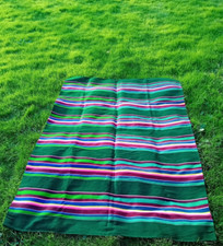 ANTIQUE GREEN WOOL STRIPEY BLANKET HANDMADE ETNO POLAND 100% ORGANIC WOOL SUPERB