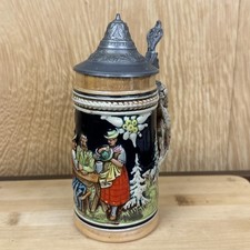 Vintage German Beer Stein Tankard 16cm Pottery mug with metal lid Germany