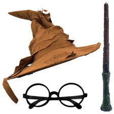 BROWN WIZARD HAT, GLASSES & WAND COSTUME SET SCHOOL WITCH HALLOWEEN FANCY DRESS