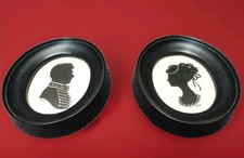 PAIR VINTAGE SILHOUETTE FRAMED PRINTS MAN WOMAN OVAL MARKED J.M. GLAZED