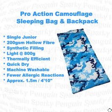 Pro Action Single Junior 200GSM Sleeping Bag/Backpack Combo in Camouflage Blue